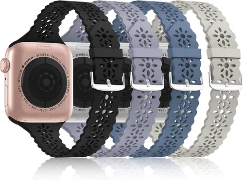 Bandiction - Paquete de 4 correas de silicona de encaje compatibles con Apple Watch de 38mm 40mm 41mm 42mm 44mm 45mm 46mm 49mm, correa delgada y