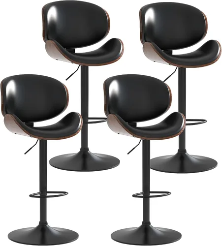 Miniatura 10 de Juego de 2 taburetes de bar giratorios ajustables, modernos taburetes de bar de madera curvada con base de metal grande y reposapiés, silla de bar