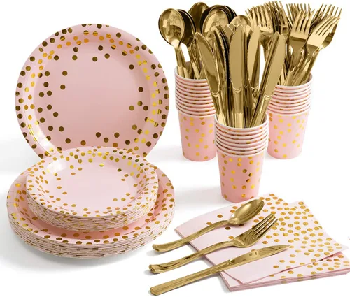 Miniatura 9 de HOMIX Suministros de fiesta negros y dorados, 175 piezas, platos desechables de papel negro, servilletas, vasos, tenedores de plástico dorado