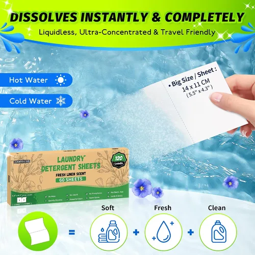 Miniatura 2 de Sábanas de detergente para ropa – Fresh Linen 120 Cargas de detergente para ropa sucia a granel, detergente de viaje a granel, ecológicas e