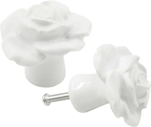 Miniatura 5 de Bonsicoky 2 tiradores de cajón de rosas blancas, pomos de cerámica para decoración de cajones, gabinetes, aparadores, armarios, puertas Blanco