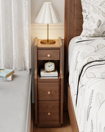 Miniatura 8 de Mesita de noche estrecha con 3 cajones, mesita de noche estrecha de madera maciza, color negro, moderna mesita de noche delgada para dormitorio