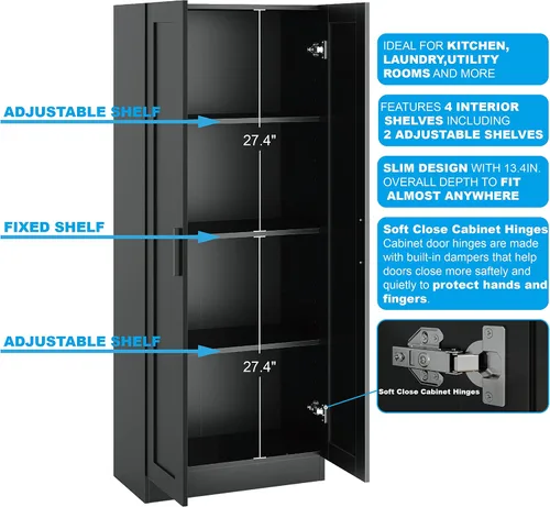 Miniatura 6 de Panana Gabinete de almacenamiento de madera, gabinetes estrechos de despensa, gabinete de almacenamiento alto con 2 puertas y estantes (negro)