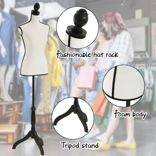 Miniatura 5 de Dkeli maniquí de torso femenino con soporte trípode de madera, altura ajustable de 60"-67", apto para clavar alfileres, para exhibición de joyería