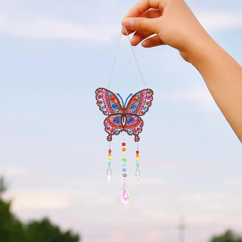 Miniatura 5 de Campanillas de viento de animales con pintura de diamantes 5D, kits de pintura de diamante de mariposa por números, colgante con cadena