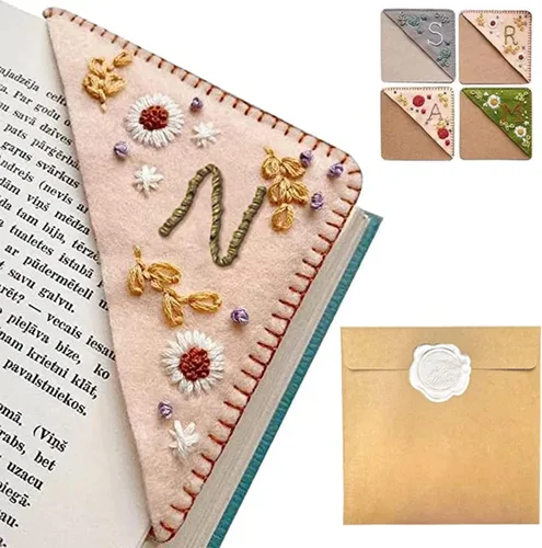 Miniatura 15 de Marcapáginas de esquina bordado a mano personalizado, 26 letras con costura a mano de fieltro, marcapáginas de esquina con bordado de flores lindo