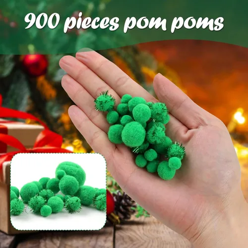 Miniatura 3 de 900 PIEZAS Pompones, Pompones Verdes a Granel para Artes y Manualidades, Pompones de Manualidades Suaves y Esponjosos, Pompones de Tamaños Surtidos
