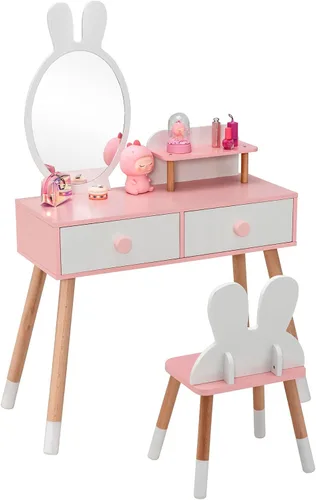 Miniatura 10 de GLACER Juego de mesa y silla para niños, juego de tocador patentado con silla, espejo extraíble, 2 cajones grandes, estante de almacenamiento