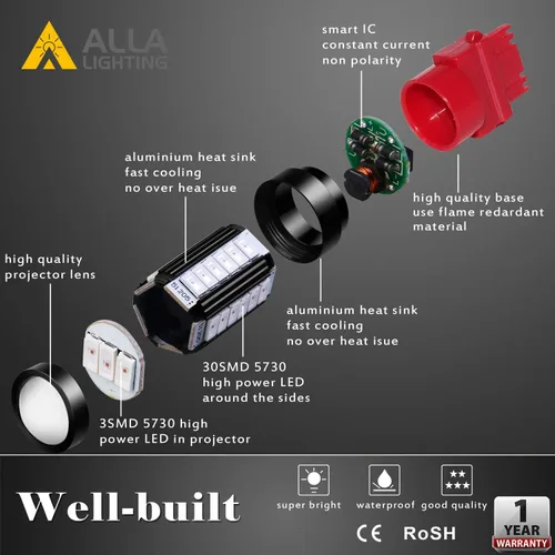 Miniatura 4 de Alla Lighting 2800lm 3156 3157 - Bombillas LED de luz estroboscópica de freno, rojo puro, extremadamente superbrillantes, T25 cuña 5730 33-SMD