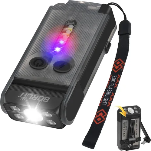 BORUIT V30 linterna LED pequeña y potente EDC con luz roja y UV de 365nm, rotación de 180°, linterna plana de bolsillo y llavero recargable USB