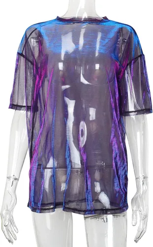 Miniatura 4 de Kyerivs Camiseta de malla metálica, talla grande, manga corta, transparente, blusa para concierto, traje de rave para mujer