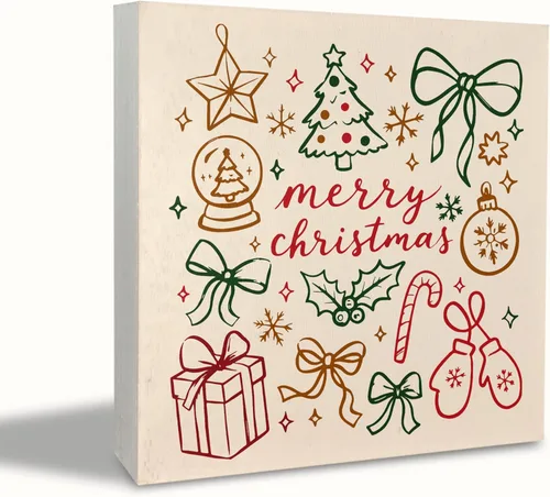 Miniatura 7 de KEUSPI Cartel de madera rústica rosa con texto en inglés "Merry Christmas", decoración de escritorio de Navidad preparada, árbol de Navidad, caballo