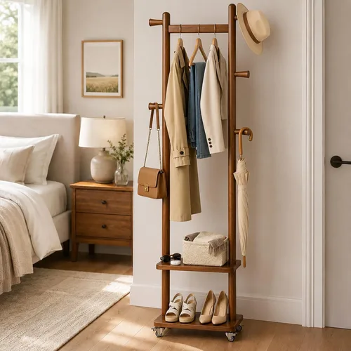 Miniatura 12 de Estante de abrigos de madera maciza independiente con ruedas y 2 estantes de almacenamiento y 5 ganchos, estante de ropa resistente, árbol de Madera