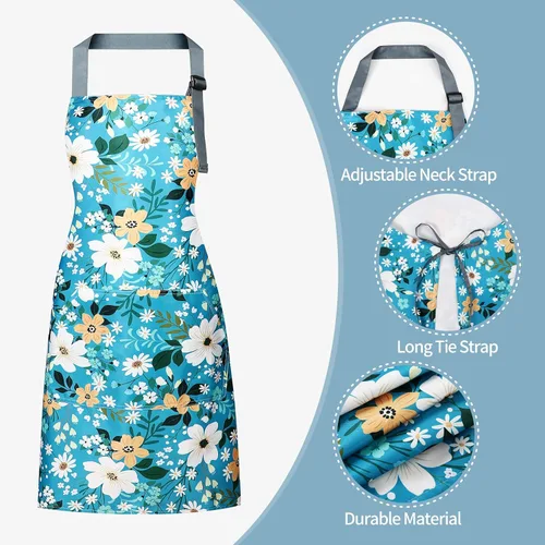 Miniatura 2 de Delantal floral para mujer, paquete de 2 delantales para mujer con bolsillos, delantales de cocina impermeables para cocinar, hornear