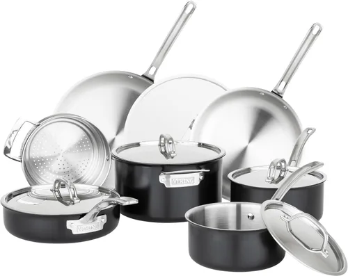 Viking Juego de ollas y sartenes de 3 capas, juego de utensilios de cocina de acero inoxidable de 12 piezas con tapas, apto para lavavajillas, listo