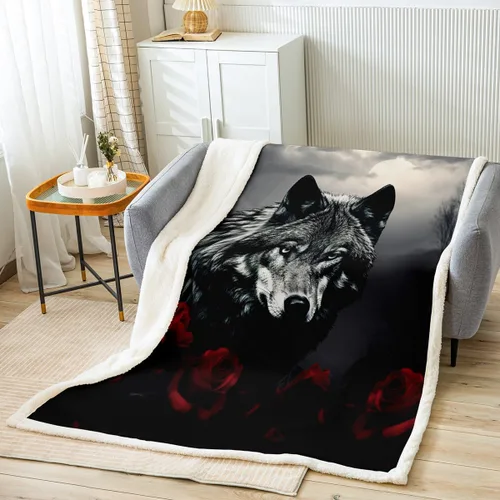Manfei Manta de lobo para niños, diseño de lobo con rosas rojas y flores para sofá, temática de animales, para todas las estaciones, para niños,
