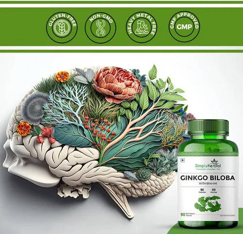 Miniatura 7 de Simply Herbal Ginkgo Biloba 120mg con extracto de Bacopa Monnieri Brahmi 380mg para una mejor concentración, mejora la circulación sanguínea, mejora