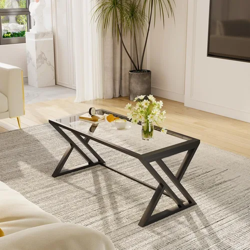 Miniatura 5 de Mesa de café Wolawu de vidrio negro para sala de estar, mesa central rectangular moderna con marco de metal resistente, mesa de té de vidrio