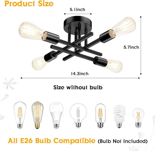Miniatura 3 de TOBUSA Lámpara de techo semiempotrada color negro mate, moderna Sputnik cerca del techo, lámpara de techo para dormitorio, cocina, sala de estar