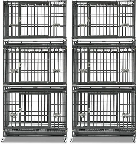 Miniatura 12 de Homey Pet Paquete de 2 jaulas apilables de tres niveles de 43 pulgadas para perros con ruedas, jaula de acero indestructible para perros