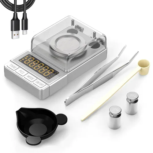 Miniatura 9 de MAXUS - Balanza digital de miligramos 50 g/0,001 g, balanza compacta de mg con peso de calibración de 20 g y accesorios, balanza de polvo negro