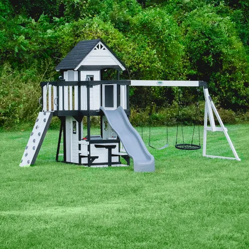Miniatura 11 de Conjunto de columpios Backyard Discovery Canyon Creek de madera de cedro con tobogán de ola, casa de juegos, cocina de juego, área de picnic