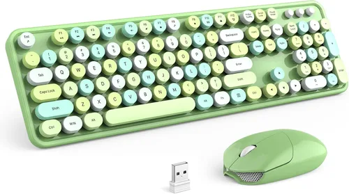 Miniatura 164 de KNOWSQT Combo de teclado y ratón inalámbrico, teclados lindos de tamaño completo estilo máquina de escribir 2.4G azul colorido - receptor USB Plug