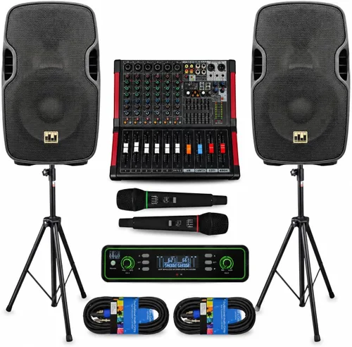 Sistema PA completo, profesional, de 2000 watts, con mezclador 6 Ch, parlantes de 10 in y soporte para micrófonos inalámbricos dobles | Complete DJ