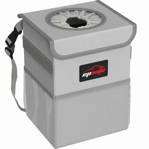 EPAuto Bote de basura impermeable para automóvil con tapa y bolsillos de almacenamiento, 2.5 galones a prueba de fugas, color gris
