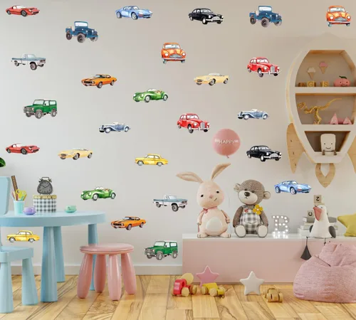 Miniatura 3 de Pegatinas de Pared de Coche Clásico de Acuarela, Calcomanías de Pared de Vinilo de Coche de Carreras Retro Vehículo Todoterreno, Arte de Pared