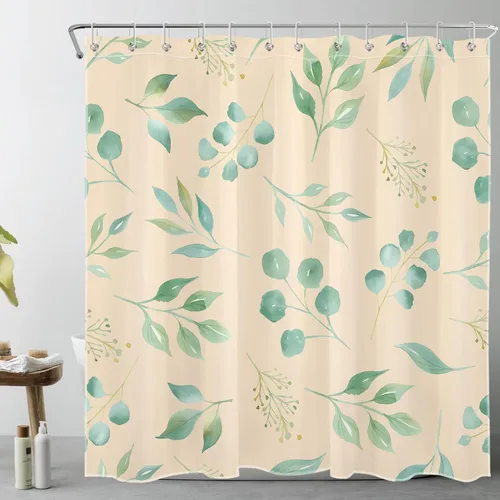 Miniatura 13 de EOBTAIN Cortina de ducha de hojas de eucalipto verde para baño, cortina de ducha con hojas de plantas naturales en beige con 10 ganchos, juego