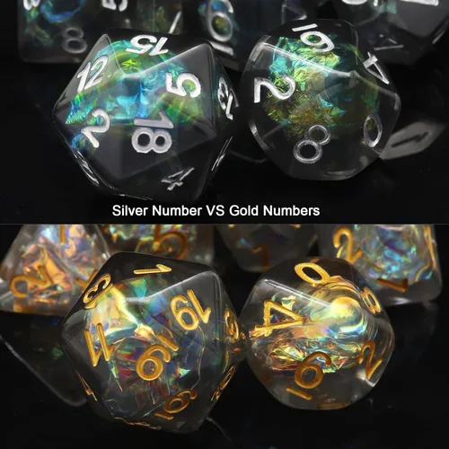Miniatura 2 de Haxtec DND Conjunto de Dados 7 Piezas Conjunto de Dados de Resina Negro con Inclusión de Mylar Iridiscente Dados Poliédricos D&D