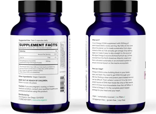 Miniatura 4 de Ora Organic Suplemento vegano Omega 3 - 500 mg de DHA para la salud cerebral, ocular y cardíaca - Hecho de algas sostenibles - 60 cápsulas