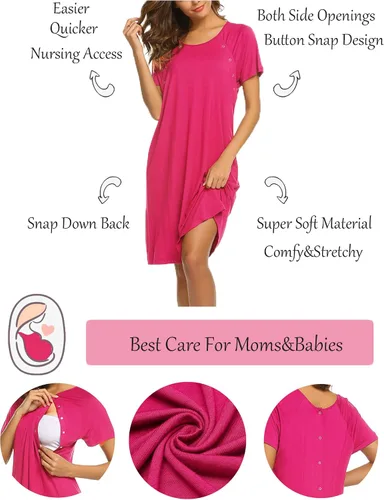 Miniatura 2 de Ekouaer - Camisón con botones y manga corta para mujer, vestido para lactancia, parto, hospital y maternidad, tallas S-XXL