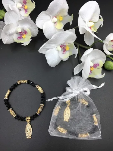 Pulsera de Rosario de Guadalupe de Cristal Negro con Bolsas de Organza, 12 Uds., Bautizo, Recuerdos de Bautizo/Quinceañera/Baby Shower