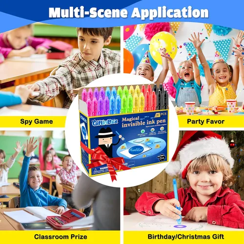 Miniatura 7 de GIFTINBOX Bolígrafo de tinta invisible, 28 unidades de bolígrafo espía con luz UV para niños, recuerdos de fiesta de cumpleaños para niños de 4 a 8