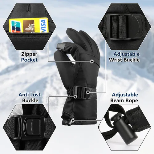 Miniatura 4 de Guantes de esquí, guantes de nieve, 3M Thinsulate guantes de invierno impermeables para clima frío para padres y niñas, ciclismo, conducción, correr
