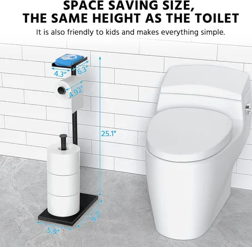 Miniatura 6 de Cisily Soporte de papel higiénico negro con estante para teléfono, decoración para baño. Almacenamiento independiente para rollos de papel