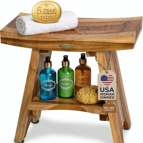 EcoDecors Banco de Ducha de Teca de 18", Capacidad de 300 Libras – Asiento de Baño de Madera Impermeable con Estante, Asiento de Spa para Adultos –