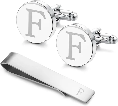 Miniatura 22 de LOYALLOOK - Gemelos de acero inoxidable grabados con inicial y clip de corbata, diseño de letras del alfabeto con caja de regalo, A-Z