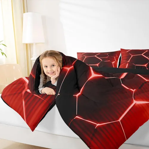 Miniatura 7 de Feelyou Juego de edredón de nido de abeja, edredón hexagonal rojo degradado para niños, niñas, adolescentes, juego de ropa de cama geométrico, Multi