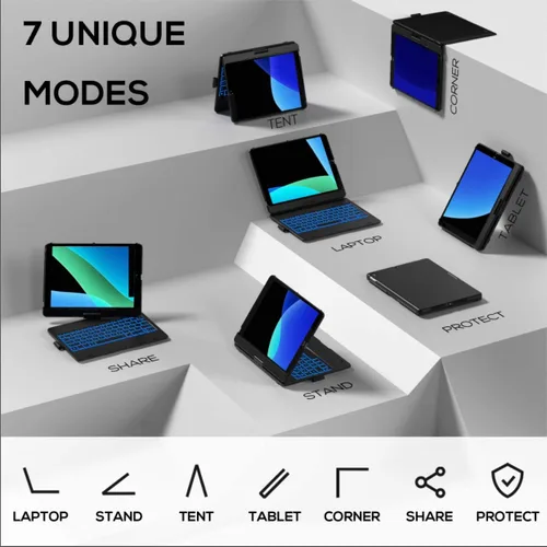 Miniatura 4 de Funda con teclado para iPad de 9ª generación (10.2 pulgadas, 2021) 360° 7 modos Retroiluminación 12 colores Delgada, ligera y protectora