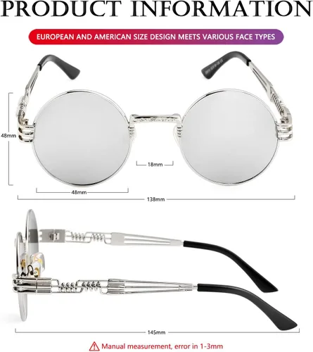 Miniatura 6 de AIEYEZO Gafas de sol redondas steampunk Circle Lennon Hippie, marco de metal, lente de bloqueo UV 100%