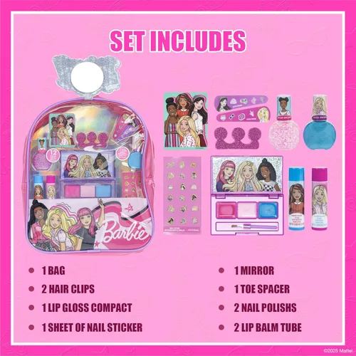 Miniatura 2 de Townley Girl Barbie - Juego de maquillaje para niñas en mochila, incluye bálsamo labial, esmalte de uñas, lima de uñas, lazos para el cabello