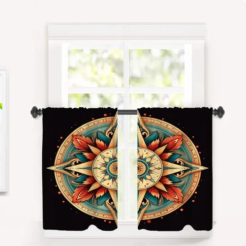 Miniatura 30 de Cortinas de cocina de hojas de arce otoñales para ventanas, hojas verdes y rojas sobre cenefas opacas negras, tratamientos de ventana de poliéster