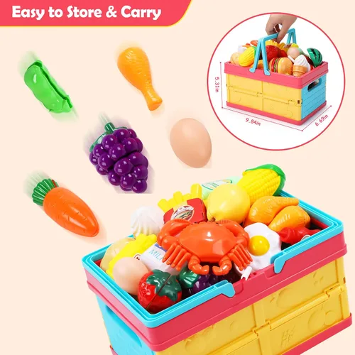 Miniatura 7 de HOLYFUN Juego de juguetes de comida para niños, cesta de la compra con accesorios de corte de frutas y verduras, olla y sartén, platos de plástico