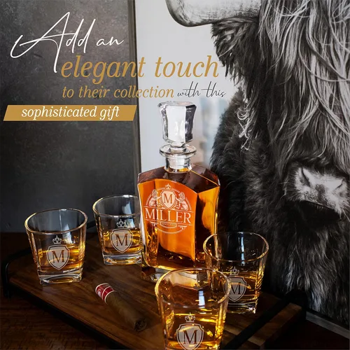 Miniatura 7 de Juego de decantadores de whisky personalizados, 9 opciones de diseño, 5 decantadores de licor de cristal personalizables con tapón de vidrio