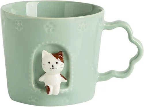 DIHOclub Taza de cerámica con diseño de gato, ventana con animales, figura de cerámica hecha a mano, tazas lindas de dibujos animados, regalo para