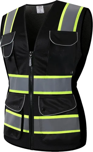 JKSafety Chaleco de seguridad reflectante de alta visibilidad para mujer, tiras reflectantes cosidas en el cuerpo de color neón, transpirable,
