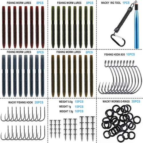 Miniatura 4 de PLUSINNO - Kit de señuelos de pesca Wacky Worm, señuelos de pesca de plástico suave, cebos de lombrices para anzuelo, aparejo loco para pesca de Kit